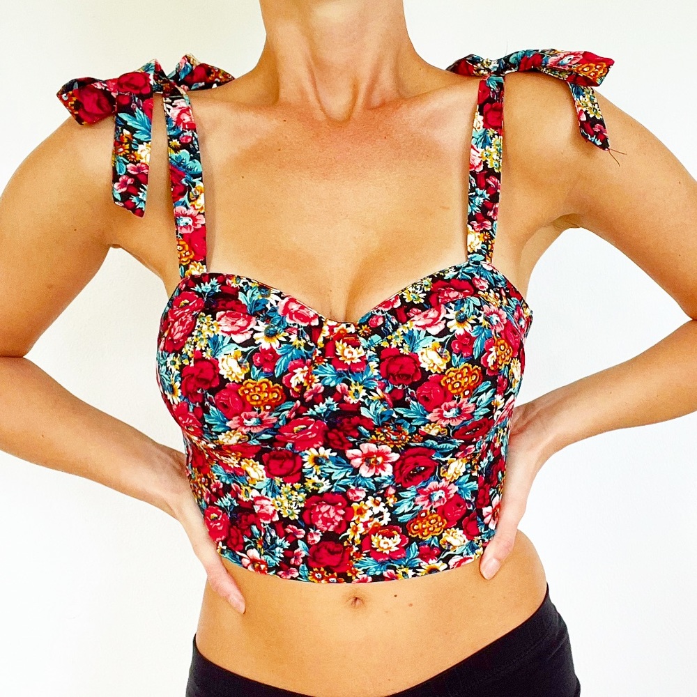 Band of Gypsies floral tie strap cropped corset top size XS